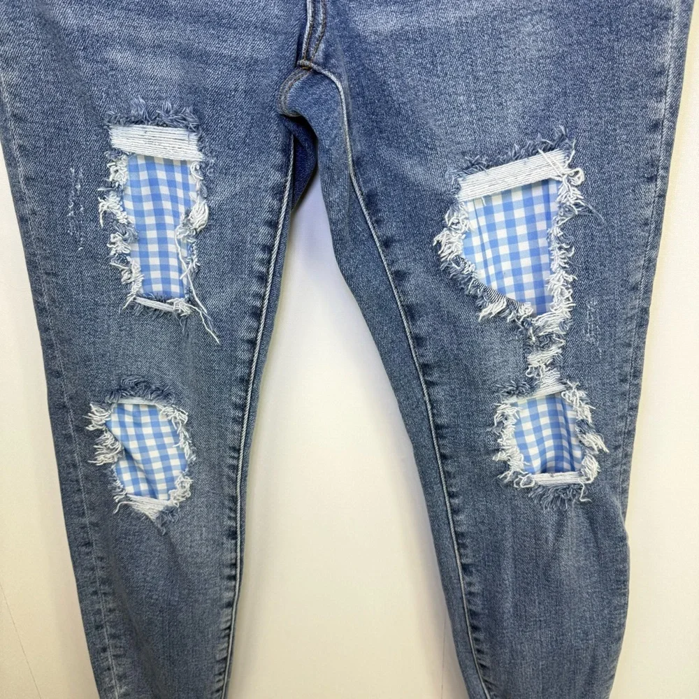 Judy Blue Gingham Distressed Skinny Jeans Raw Hem size 9/29‎ style #JB8832